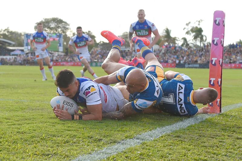 Newcastle Knights' Enari Tuala scores a try during the NRL Elimination Final match between against Parramatta Eels at Browne Park in Rockhampton, Australia, on Sunday, September 12. Getty