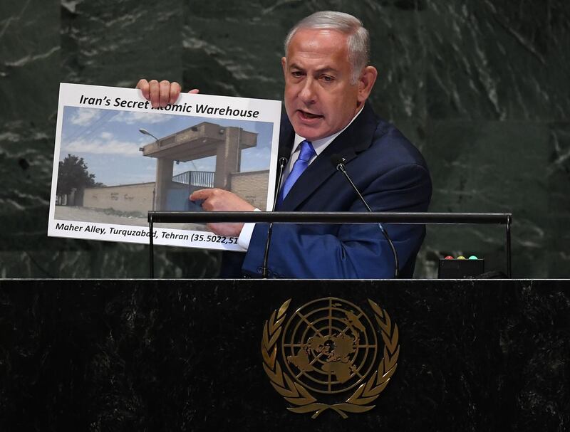 Israeli Prime Minister Benjamin Netanyahu Prime addresses the General Assembly at the United Nations in New York September 27, 2018. / AFP / TIMOTHY A. CLARY
