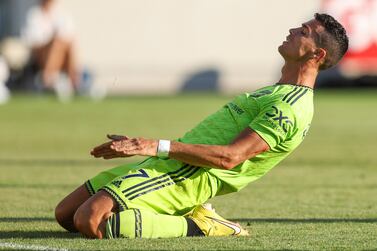 BRENTFORD, ENGLAND - AUGUST 13: Cristiano Ronaldo of Manchester United reacts during the Premier League match between Brentford FC and Manchester United at Brentford Community Stadium on August 13, 2022 in Brentford, England. (Photo by Catherine Ivill / Getty Images)