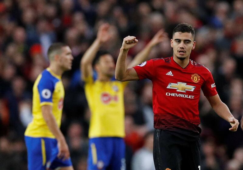 Manchester United's Andreas Pereira celebrates scoring their first goal. Reuters