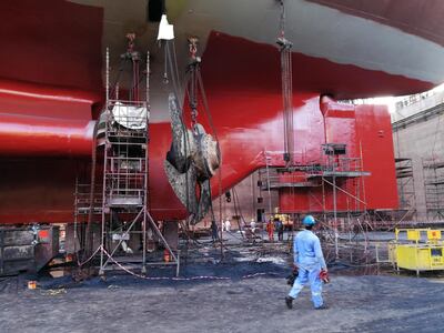 The propeller installed on the quay at Port Rashid.  Courtesy QE2