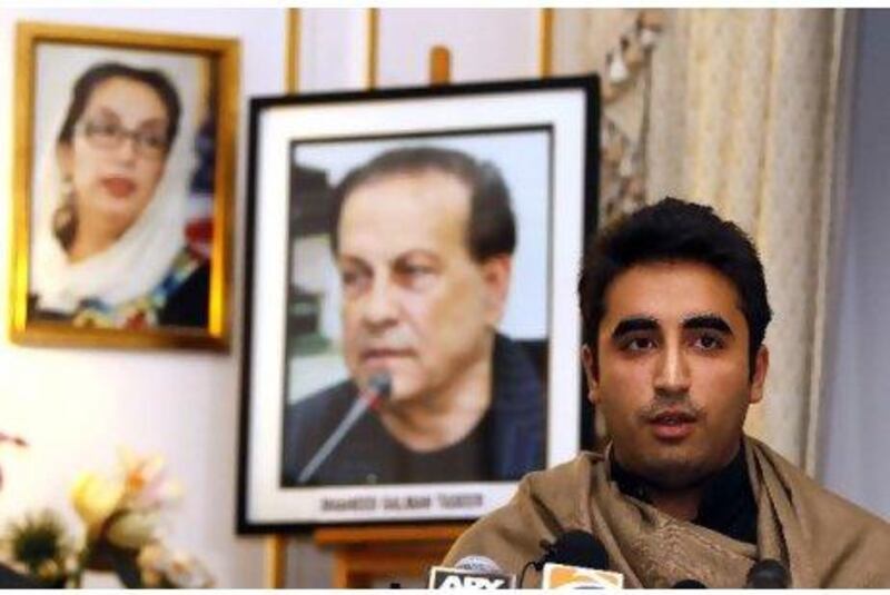 The chairman of the Pakistan People's Party, Bilawal Bhutto Zardari, speaks at a memorial for slain Punjab province governor Salman Taseer.