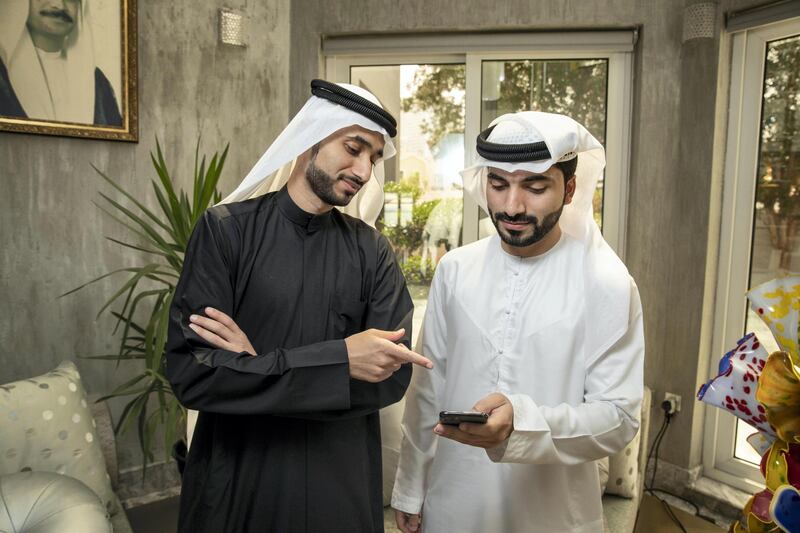 DUBAI, UNITED ARAB EMIRATES. 12 MARCH 2021. LtoR: Hesham Alkhazraji and Yousif Almaazmi (Pictured) co-founded an app with Bassam Elshorafa (Not pictured) since they found it difficult to stay in touch after they got back from college. 
Chai, as it started out, now Anime Talk, is an online majlis that's chat only and is popular with people who want to host their own talkshows, and hobbyists who want to create majlis to cater to their own interests. (Photo: Antonie Robertson/The National) Journalist: Gillian Duncan. Section: Business.