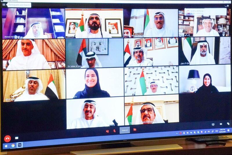 Ministers tune into to a virtual Cabinet meeting on Sunday, as the government urges people to work from home and avoid unnecessary contact. Courtesy: Dubai Media Office