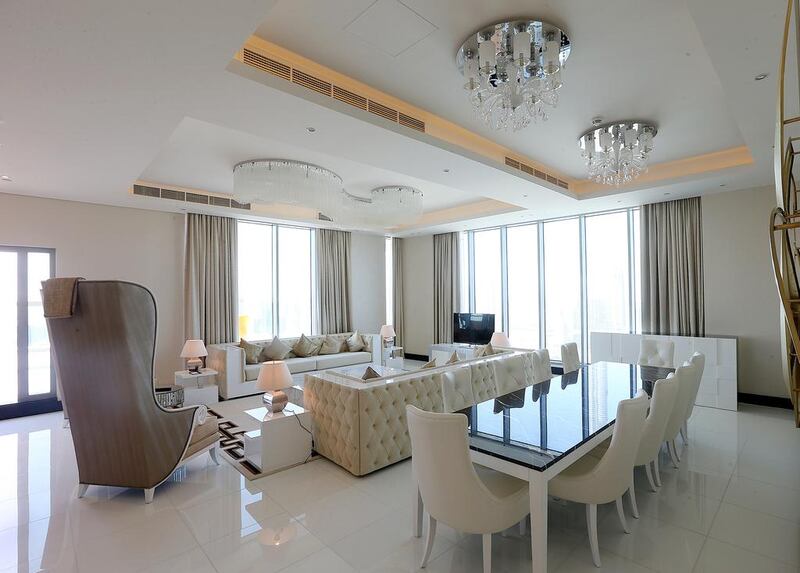 The living room of a  penthouse serviced apartment at the Damac Maison tower. Satish Kumar / The National