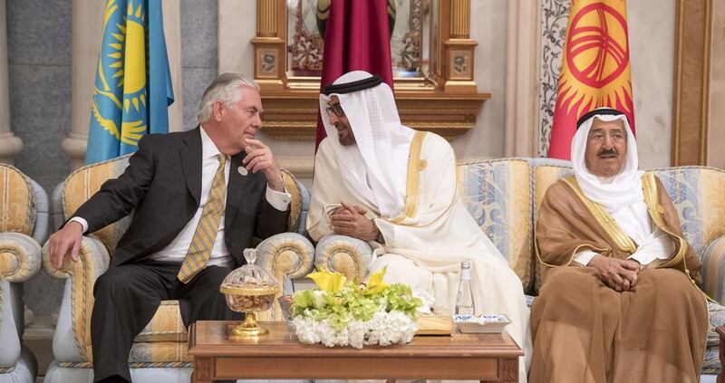 Sheikh Mohammed bin Zayed, Crown Prince of Abu Dhabi and Deputy Supreme Commander of the UAE Armed Forces, centre, Rex Tillerson, secretary of state of the US, left, and Sheikh Sabah Al Ahmad Al Jaber Al Sabah, Emir of Kuwait, right, attend the summit in Riyadh. Hamad Al Kaabi / Crown Prince Court - Abu Dhabi