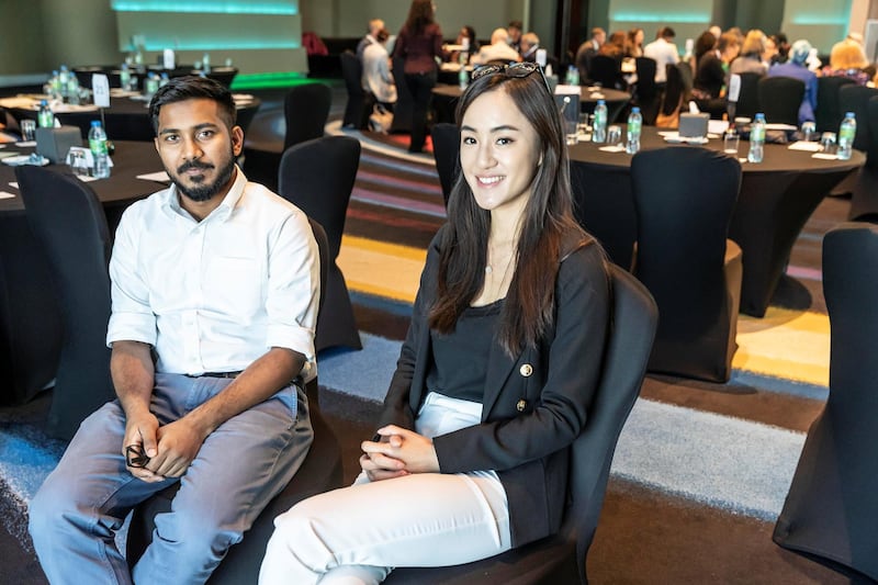 DUBAI, UNITED ARAB EMIRATES. 04 OCTOBER 2018. The Higher Education Conference held in Dubai, Global Education Forum by The Observatory on Borderless Higher Education (OBHE). Students: Mr Shajith Mohamed, Manipal Academy of Higher Education, Dubai and Fiona Li, University of Birmingham, Dubai. (Photo: Antonie Robertson/The National) Journalist: Amna Rizvi. Section: Business.