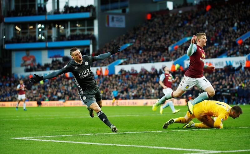 Soccer Football - Premier League - Aston Villa v Leicester City - Villa Park, Birmingham, Britain - December 8, 2019  Leicester City's Jamie Vardy celebrates scoring their fourth goal   REUTERS/Eddie Keogh  EDITORIAL USE ONLY. No use with unauthorized audio, video, data, fixture lists, club/league logos or "live" services. Online in-match use limited to 75 images, no video emulation. No use in betting, games or single club/league/player publications.  Please contact your account representative for further details.