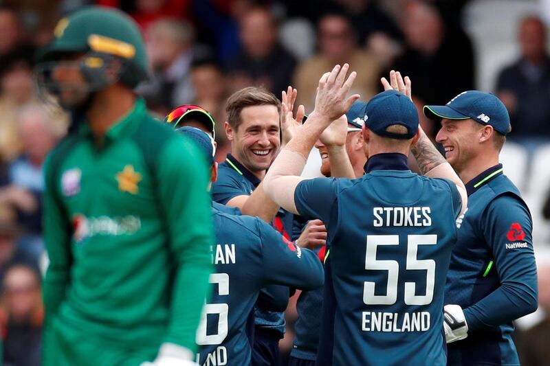 Cricket - Fifth One Day International - England v Pakistan - Emerald Headingley, Headingley, Britain - May 19, 2019   England's Chris Woakes celebrates with team mates after taking the wicket of Pakistan's Fakhar Zaman   Action Images via Reuters/Andrew Boyers