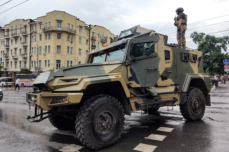 An armoured vehicle of the Wagner group outside the headquarters of the Southern Military District of the Russian armed forces in Rostov-on-Don, Russia. AP