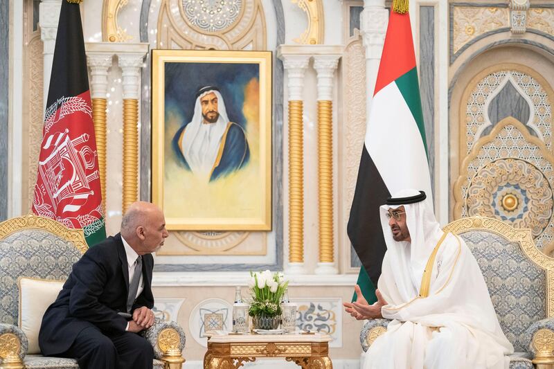 ABU DHABI, UNITED ARAB EMIRATES - March 17, 2019: HH Sheikh Mohamed bin Zayed Al Nahyan, Crown Prince of Abu Dhabi and Deputy Supreme Commander of the UAE Armed Forces (R), meets with HE Ashraf Ghani, President of Afghanistan (L), during a reception at the Presidential Palace. 
( Ryan Carter / Ministry of Presidential Affairs )?