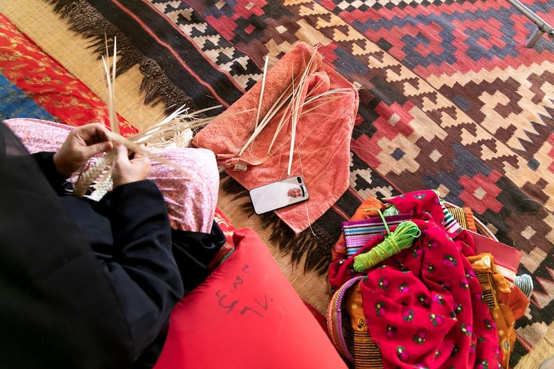 ABU DHABI, UNITED ARAB EMIRATES - JUNE 12, 2018. 

Handicrafts workshop at Al Ain Palace Museum. Running several days a week throughout the year, a group of women teach the community Telli, Khoos, and Sadu.

Located on the western edge of Al Ain Oasis, the Palace of the late Sheikh Zayed bin Sultan Al Nahyan was built in 1937. It was converted into a museum in 1998 and opened to the public in 2001. 

(Photo by Reem Mohammed/The National)

Reporter: 
Section: WK
