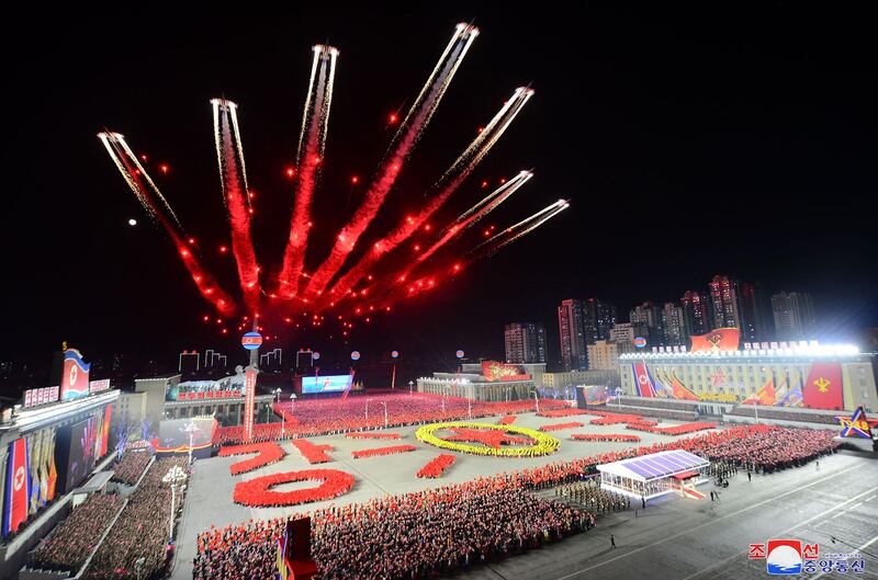 A flypast at a military parade marking the 75th anniversary of the founding of the Korean People's Army, in North Korean capital Pyongyang. AFP

