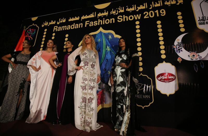Models present creations by an Iraqi fashion designer during Ramadan Fashion Show 2019 in the capital Baghdad.  AFP