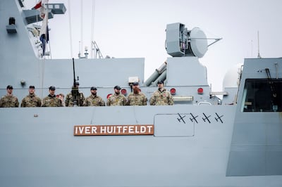 A Houthi drone tally on the side of Danish navy frigate HDMS Iver Huitfeldt as it arrives in Korsoer, Denmark. Reuters