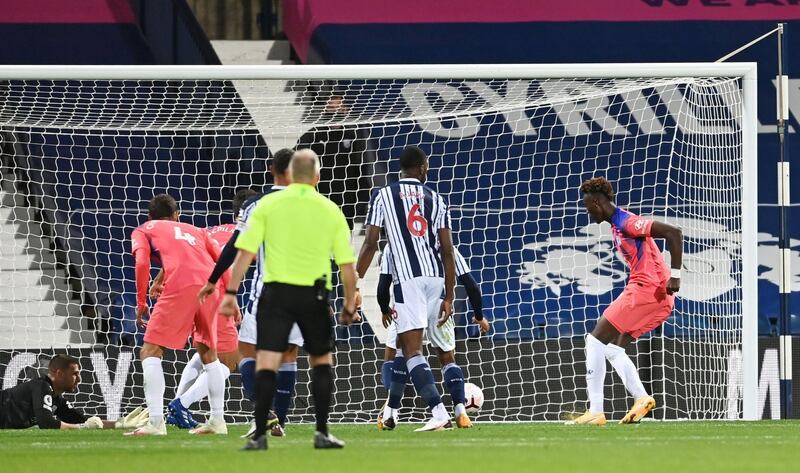 Chelsea's Tammy Abraham scores the equaliser against West Brom. Reuters