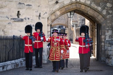 Yeoman Warders and Guardsmen during a ceremonial event to mark the reopening of the Tower of London. Getty Images
