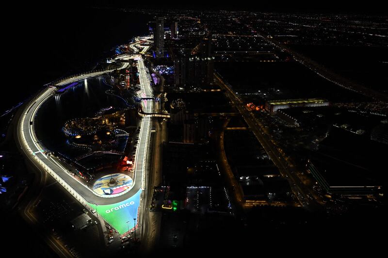 Jeddah Corniche Circuit during the second practice session for the 2023 Saudi Arabia Formula One Grand Prix. AFP
