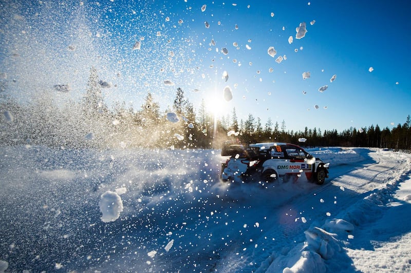 Finns Kalle Rovanpera and Jonne Halttunen negotiate the third stage of the Arctic Rally Finland, the second round of the FIA World Rally Championship, at Mustalampi in Finnish Lappland, in their Toyota Yaris. AFP