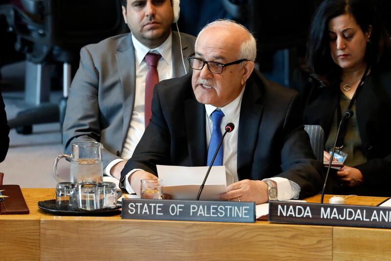 Palestinian Ambassador to the United Nations Riyad Mansour speaks in the Security Council, at United Nations headquarters, Monday, April 29, 2019. (AP Photo/Richard Drew)