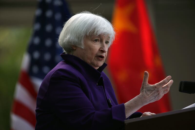 US Treasury Secretary Janet Yellen holds a press conference in Beijing. EPA