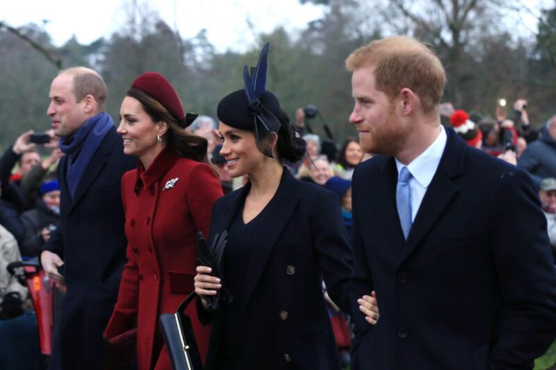 KING'S LYNN, ENGLAND - DECEMBER 25: (L-R) Prince William, Duke of Cambridge, Catherine, Duchess of Cambridge, Meghan, Duchess of Sussex and Prince Harry, Duke of Sussex leave after attending Christmas Day Church service at Church of St Mary Magdalene on the Sandringham estate on December 25, 2018 in King's Lynn, England. (Photo by Stephen Pond/Getty Images) ***BESTPIX***