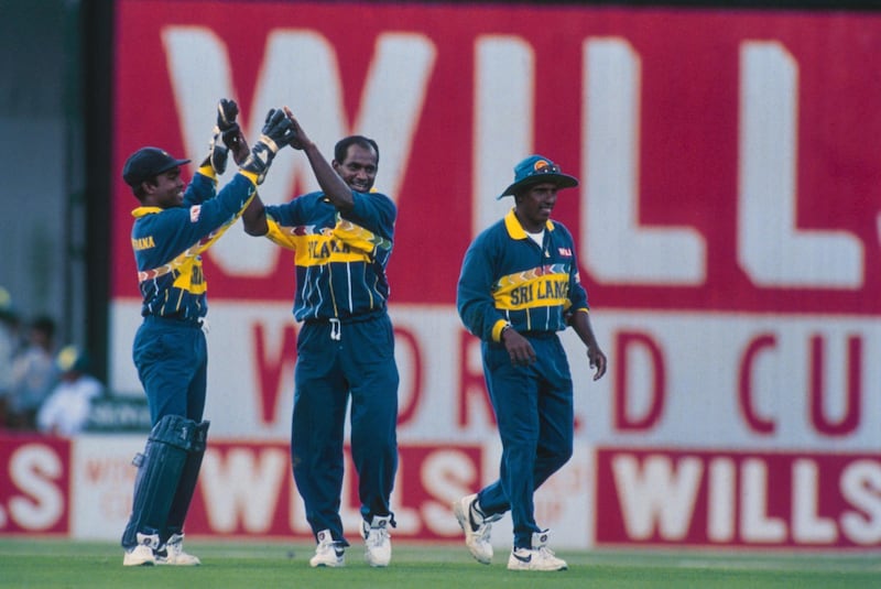 LAHORE - MARCH 17:  Sri Lanka celebrate during the ICC Cricket World Cup Final between Sri Lanka and Australia held on March 17, 1996 in Lahore, Pakistan. Sri Lanka won by 7 wickets. (Photo by Shaun Botterill/Getty Images)