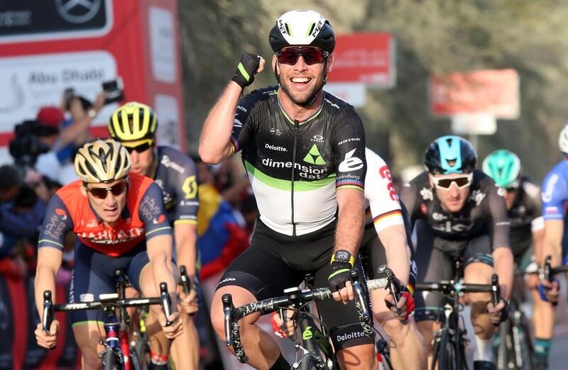 Mark Cavendish of Team Dimension Data reacts after winning the first stage of the Abu Dhabi Tour cycling race in Madinat Zayed on February 23, 2017. Matteo Bazzi / EPA