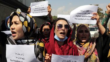 Women gather to demand their rights under Taliban rule during a protest in Kabul on September 3. AP