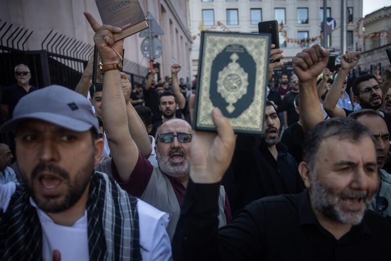 A protest outside the Swedish Consulate in Istanbul, Turkey, in July after a string of desecrations of the Quran in Denmark. Getty