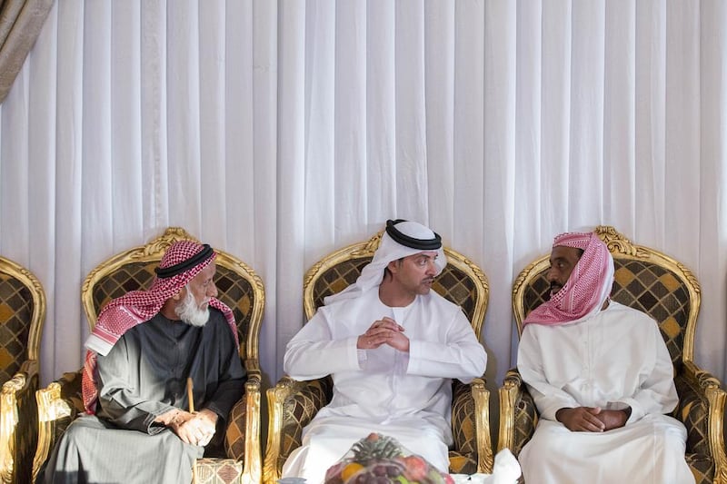 Sheikh Hazza offered his condolences while visiting the two families’ residences at Kalba, Sharjah and the Sarm Beltoween Area in Fujairah. Mohamed Al Hammadi / Crown Prince Court