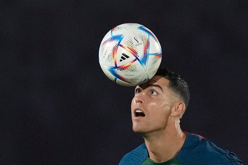 Cristiano Ronaldo controls a ball during the Portugal's training session on Wednesday. AP