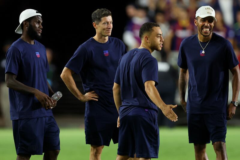 Franck Kessie, Robert Lewandowski, Sergino Dest and Pierre-Emerick Aubameyang of Barcelona in Fort Lauderdale, Florida. AFP