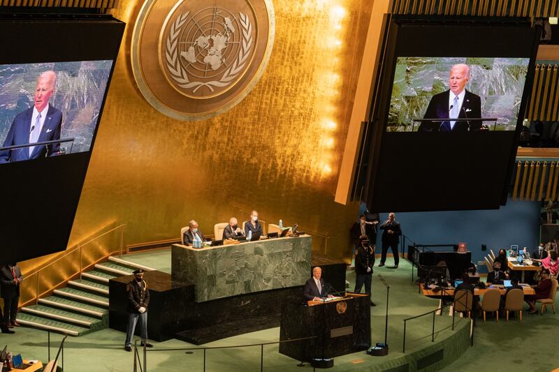 US President Joe Biden speaks during last year's UN General Assembly in New York. Four out of the five veto-wielding permanent members of the UN Security Council are choosing to skip this year’s gathering. Bloomberg