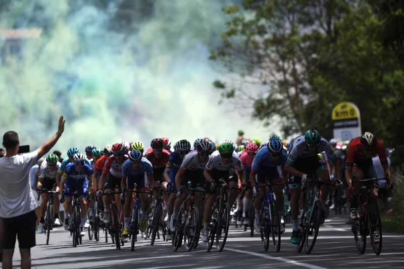 The peleton during the 9th stage between Saint-Etienne and Brioude in Saint-Etienne, eastern France, on July 14, 2019.  AFP