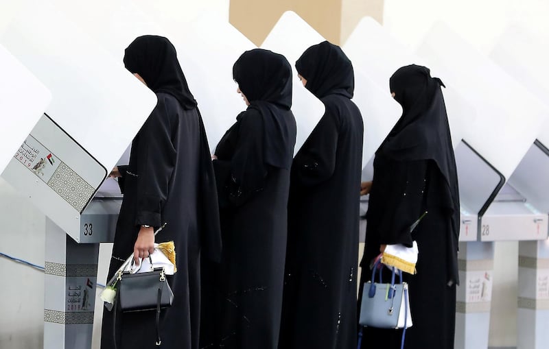 RAK,  UNITED ARAB EMIRATES , OCTOBER 5 – 2019 :- Residents casting their vote for the FNC elections held at the RAK Exhibition Center in Ras Al Khaimah. ( Pawan Singh / The National ) For News. Story by Ruba