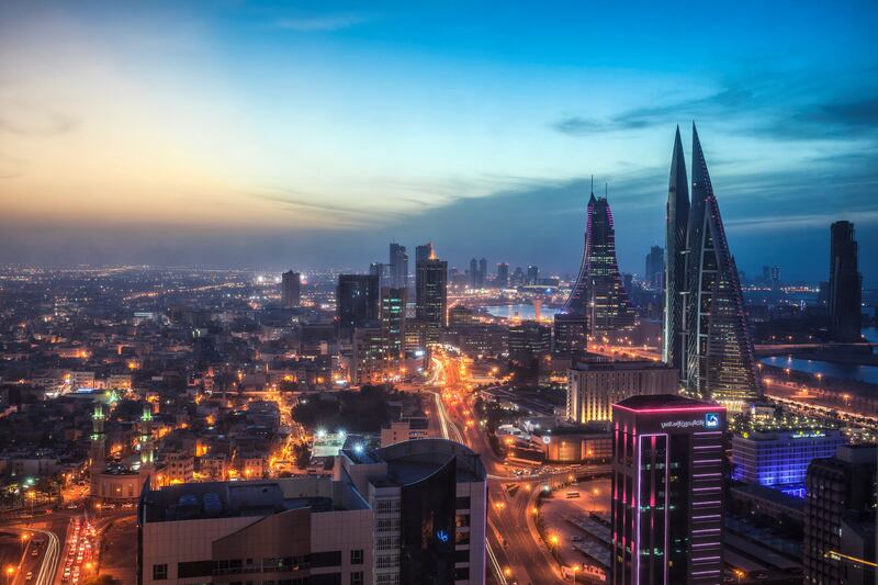 Bahrain, Manama, City center skyline looking towards Bahrain World Trade Center and Bahrain Financial Harbour
