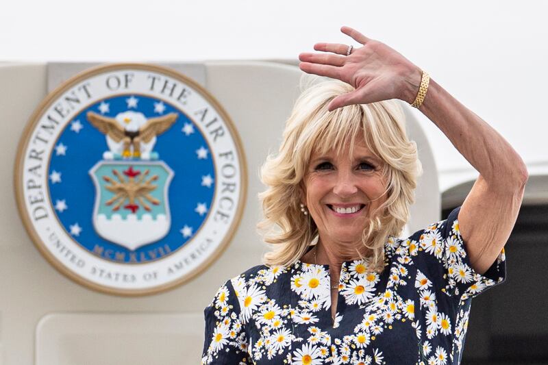 US first lady Jill Biden at the airport in Bratislava, Slovakia. EPA