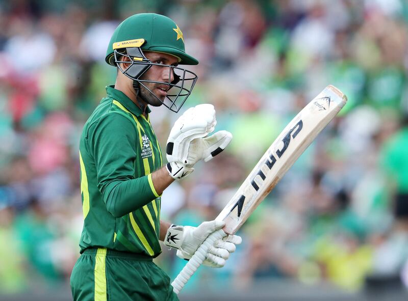 ADELAIDE, AUSTRALIA - NOVEMBER 06:  Mohammad Haris of Pakistan waves to fans as he walks off, out for 31 runs -  caught Nasum Ahmed and bowled Shakib Al Hasan of Bangladesh during the ICC Men's T20 World Cup match between Pakistan and Bangladesh at Adelaide Oval on November 06, 2022 in Adelaide, Australia. (Photo by Sarah Reed / Getty Images)