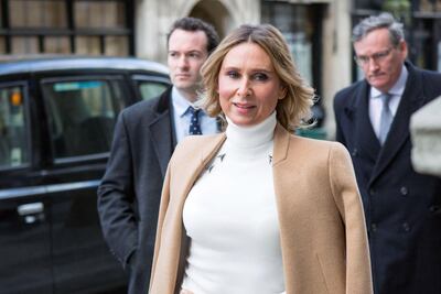 Tatiana Akhmedova arrives at court which is considering legal issues in the divorce case against Russian billionaire businessman Farkhad Akhmedov, at a Court of Appeal hearing at the Royal Courts of Justice in London Thursday Feb. 1, 2018.  Akhmedova was awarded Pounds 453 million (US 645 million dlrs) in divorce settlement, but according to her legal team no payment has yet been made. (Rick Findler/PA via AP)