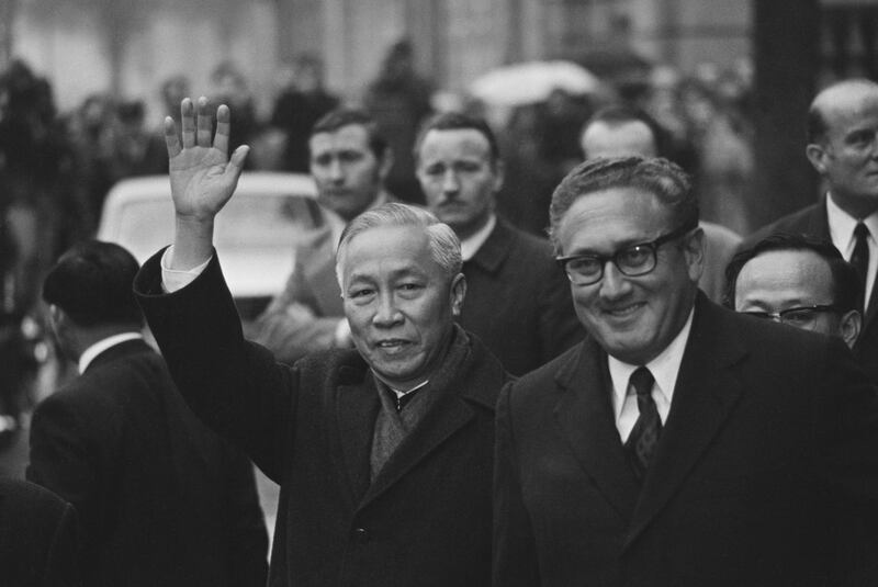 1973. Another shared award, North Vietnamese leader Le Duc Tho and US National Security Adviser Henry Kissinger are pictured here at the Paris Peace Accords during the Vietnam War, January 1973. They were jointly awarded the Nobel Peace Prize later that year 'for jointly having negotiated a cease fire in Vietnam in 1973'. Getty Images