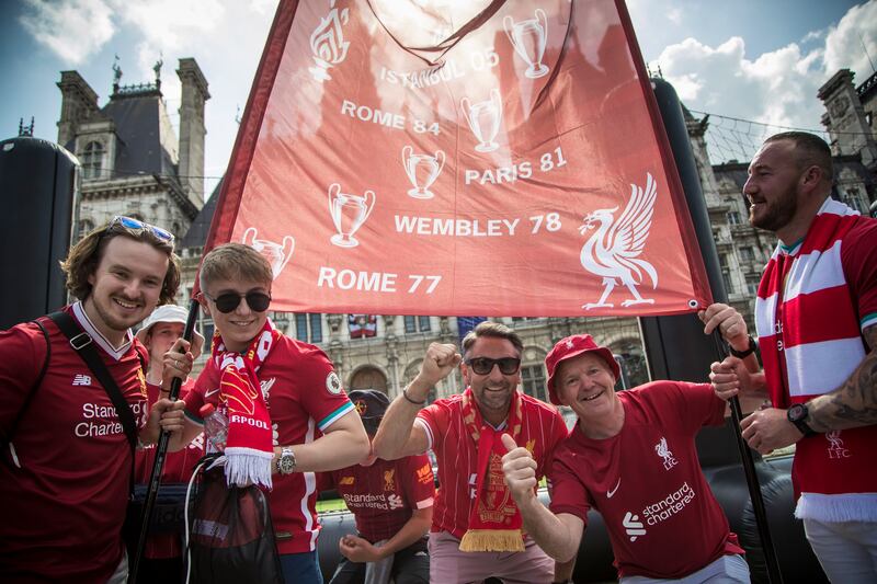 Liverpool's supporters gather in a fan zone at the Paris City Hall. EPA