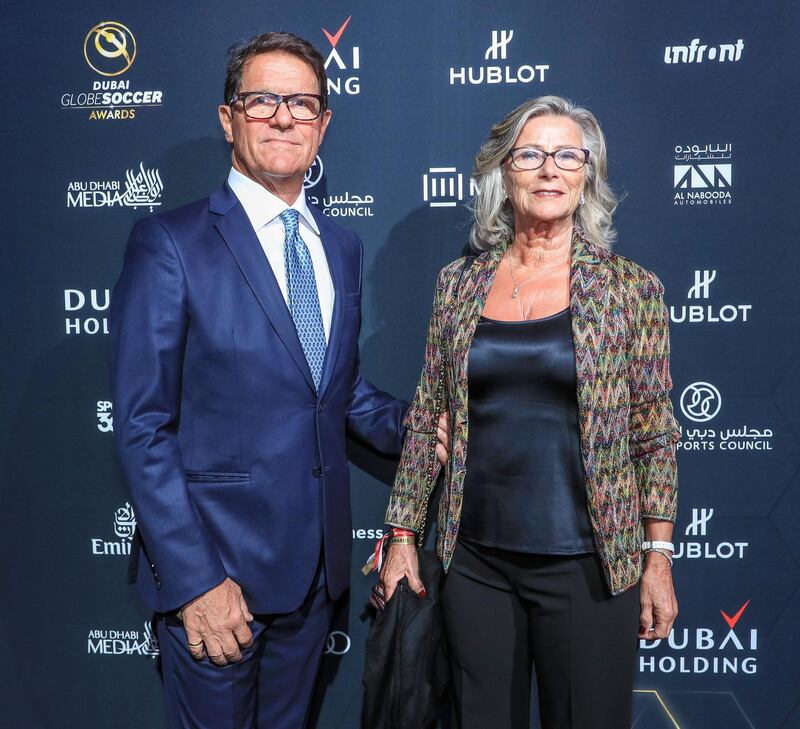 Dubai, U.A.E. . January 3, 2019.
Global Soccer Awards, red carpet at the Madinat Jumeirah.  (L-R), Fabio Capello,Italian former professional football manager and player with wife Laura Ghisi.
Victor Besa / The National
Section:  SP
Reporter: