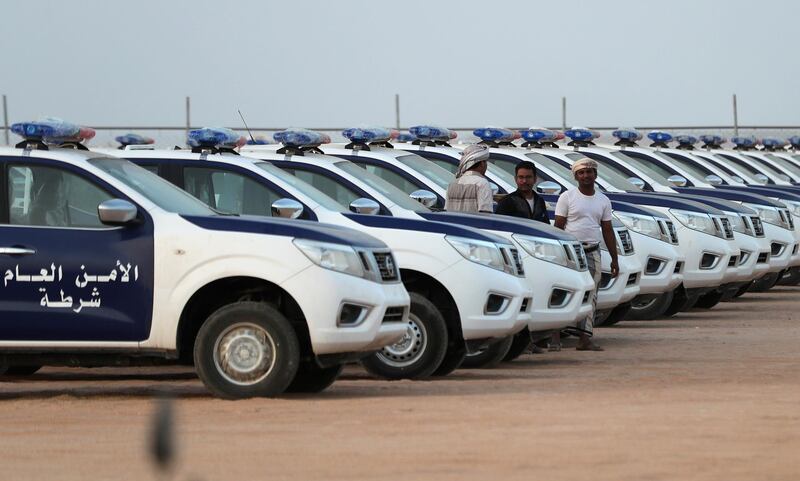 Police vehicles provided by the UAE to Yemen. AFP