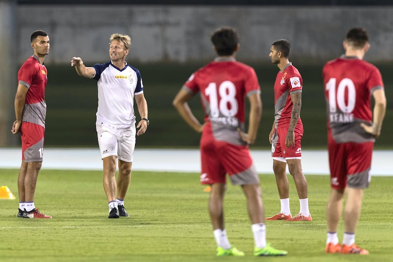 Dubai, United Arab Emirates, November 2, 2017:     Teddy Sheringham coaches members of the Indian football club ATK during a training session at the Nad Al Sheba Sports Complex in the Nad Al Sheba area of Dubai on November 2, 2017. Christopher Pike / The National

Reporter: Paul Radley
Section: Sport