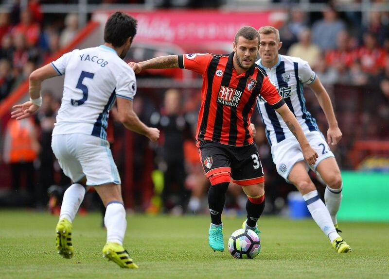 Jack Wilshere, centre, made his Bournemouth debut from off the bench in the team’s 1-0 win over West Bromwich Albion at the Vitality Stadium on Saturday, September 10, 2016. Glyn Kirk / AFP