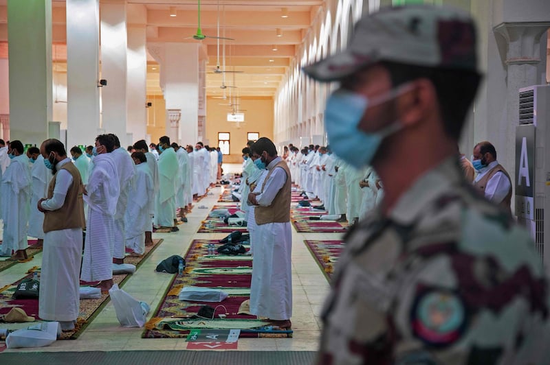 Muslim pilgrims attending prayers at the Nimrah mosque. AFP