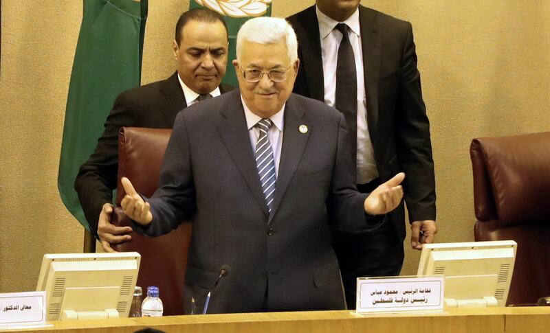 epa07519802 Palestine President Mahmoud Abbas attends an Arab League foreign ministers emergency meeting to discuss the Palestinian situation, at the Arab League headquarters in Cairo, Egypt, 21 April 2019. Abbas is attending an extraordinary meeting of Arab foreign ministers to discuss the latest developments in the Palestinian situation.  EPA/KHALED ELFIQI