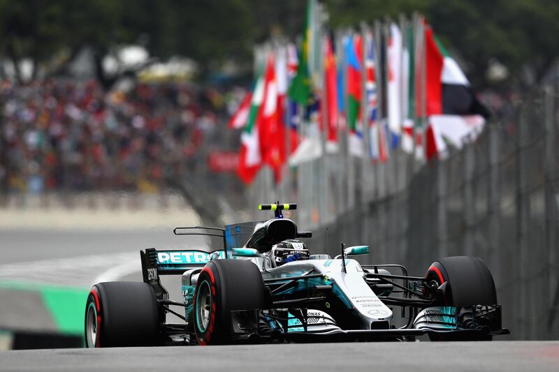 SAO PAULO, BRAZIL - NOVEMBER 11: Valtteri Bottas driving the (77) Mercedes AMG Petronas F1 Team Mercedes F1 WO8 in the Pitlane during qualifying for the Formula One Grand Prix of Brazil at Autodromo Jose Carlos Pace on November 11, 2017 in Sao Paulo, Brazil.  (Photo by Mark Thompson/Getty Images)