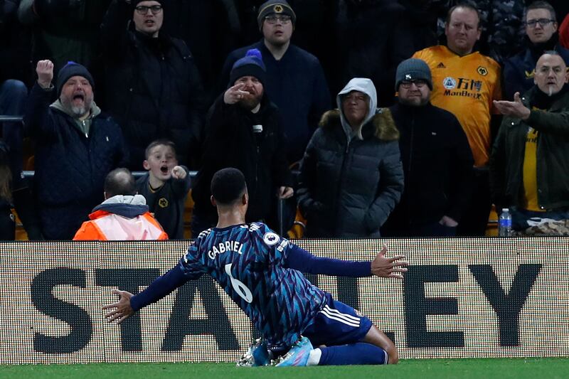 Arsenal defender Gabriel celebrates after scoring. AFP